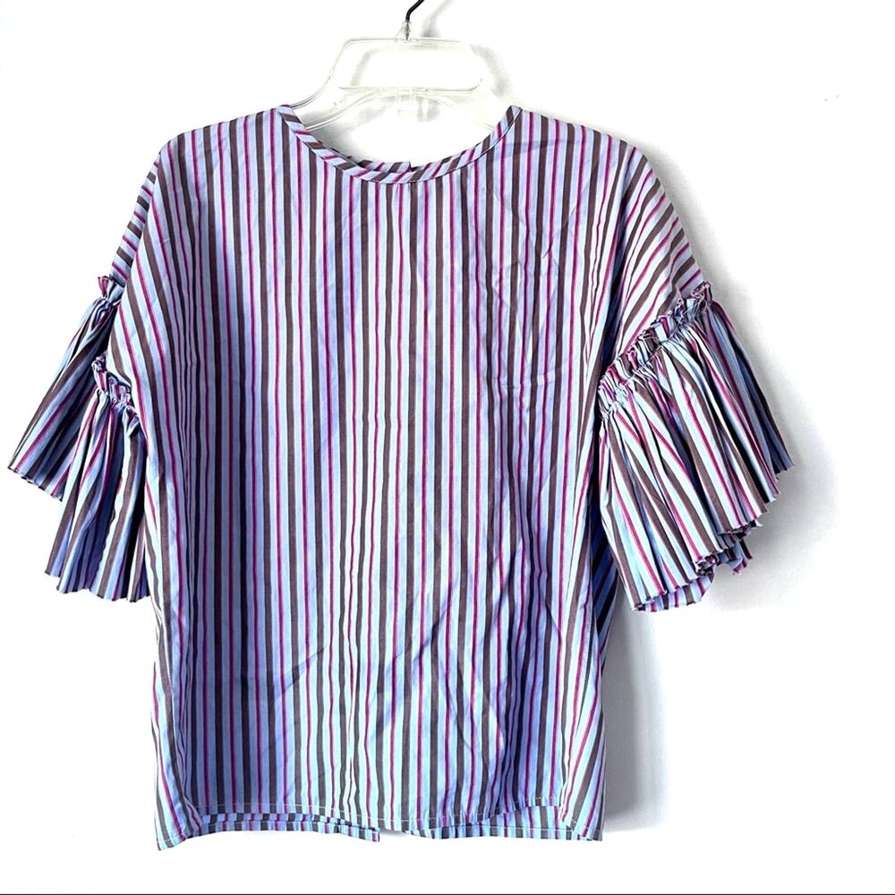 Paade Mode girls  blue striped top blouse with pleated tulip sleeve size 16
